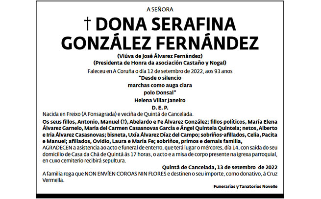 A 'Asociación Castaño y Nogal' lamenta o pasamento de Serafina González Fernández, a súa Presidenta de Honor