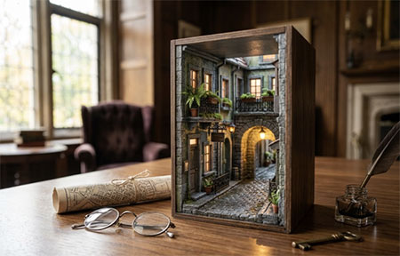La estantería como escenario: libros y miniaturas en Galicia