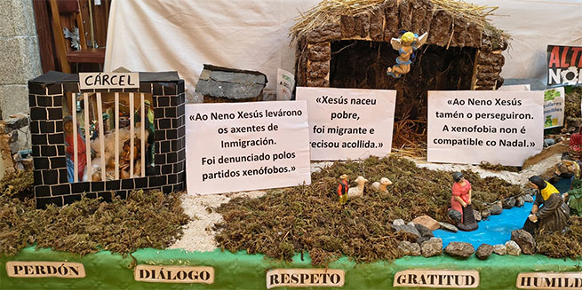 O Belén de San Pedro de Cambás denuncia a xenofobia cun portal baleiro e a Sagrada Familia encarcerada San Pedro de Cambás (Aranga)