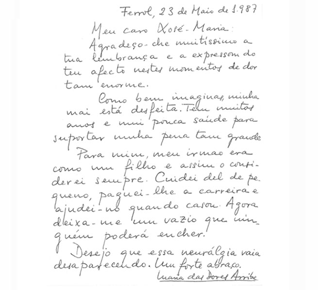 Cartas de condolências entre Dores Arribe e Xosé María Monterroso